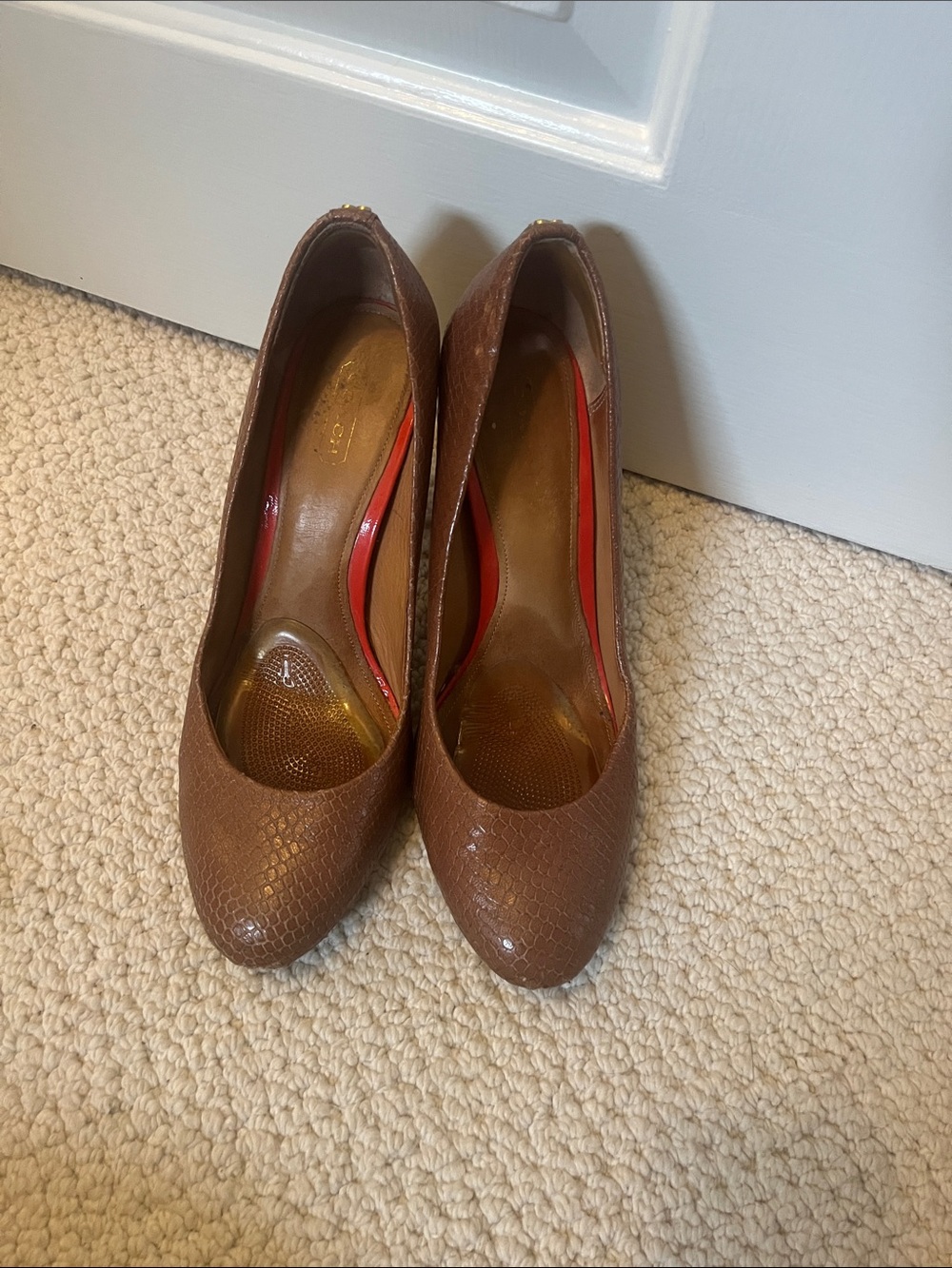 Coach Brown Textured Leather Pumps with Red Trim